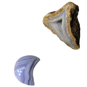 D15 Blue Lace Agate Carved Crystal Moon and Crystal Specimen Home Ornament