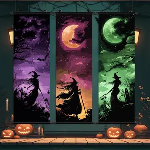 Hanging Banner, 3 Counts/set Mysterious Witch Pattern Canvas Wall Art Poster, Festive Decorations for Home Living Room Bedroom Yard