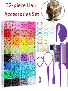 Kids Hair Ties & Styling Kit, 1800pcs with 32 Colors Mini Elastic Bands, 16 Hair Styling Tools & Trimmer, Hair Accessories for Girls, Hair Accessories Set, Elastic Hair Accessory