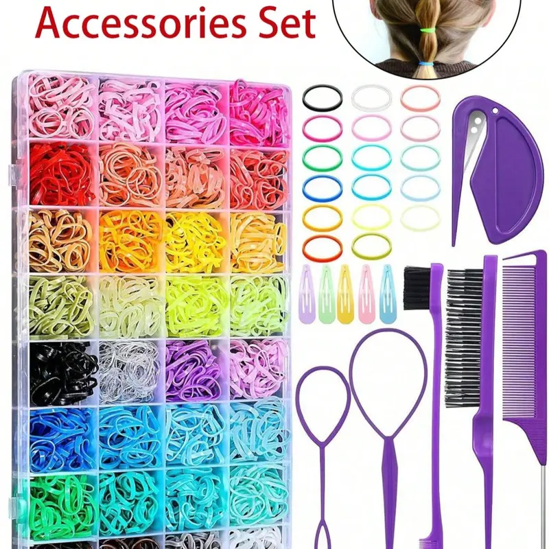 Kids Hair Ties & Styling Kit, 1800pcs with 32 Colors Mini Elastic Bands, 16 Hair Styling Tools & Trimmer, Hair Accessories for Girls, Hair Accessories Set