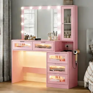 CollaredEagle Vanity with mirrors and 11 LED lights, 5 transparent glass drawers, modern makeup table with glass countertops, vanity equipped with power outlets, 3 adjustable lighting modes.