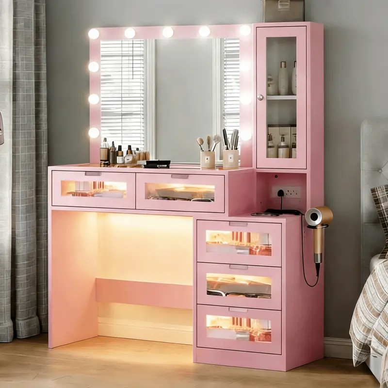 chinese dress ladies Vanity Desk With Mirror And Lights, Dressing Table With Large Drawer, 2  Level Storage Dresser & 3 Lighting Modes Adjustable Brightness, Suitable  For