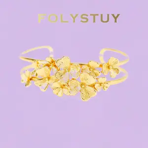 《YNT04》Adjustable 3D Flower Open Cuff Bangle, 58mm Inner Diameter, Dainty Floral Jewelry