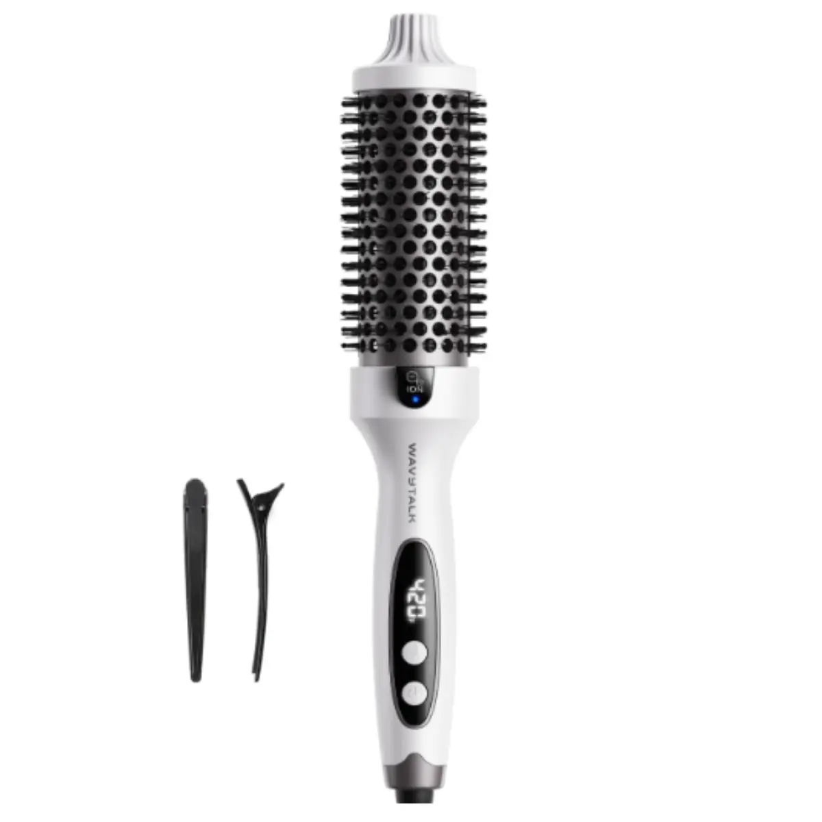 Wavytalk Thermal Brush Blowout Boost 1.5″ Heat Round Brush for Blowout Look | Negative Ion Technology, Tourmaline Ceramic, 5 Temperature Settings Dual Voltage, Less Damage, White