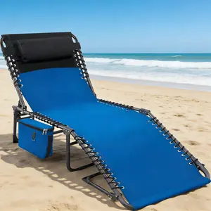Outdoor 5-Position Adjustable Chaise Lounge Chair, Folding Patio Sunbed with Side Pocket, Carry Handle, Removable Pillow, Portable Tanning Chair for Garden, Pool, Beach, Camping, Grey / Blue