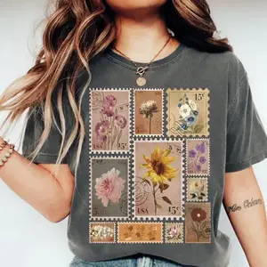 Comfort Colors Vintage Flowers Stamp T Shirt, Floral Stamp T Shirt, Vintage Botanical Tee, Unisex Cotton Casual Graphic T-Shirts
