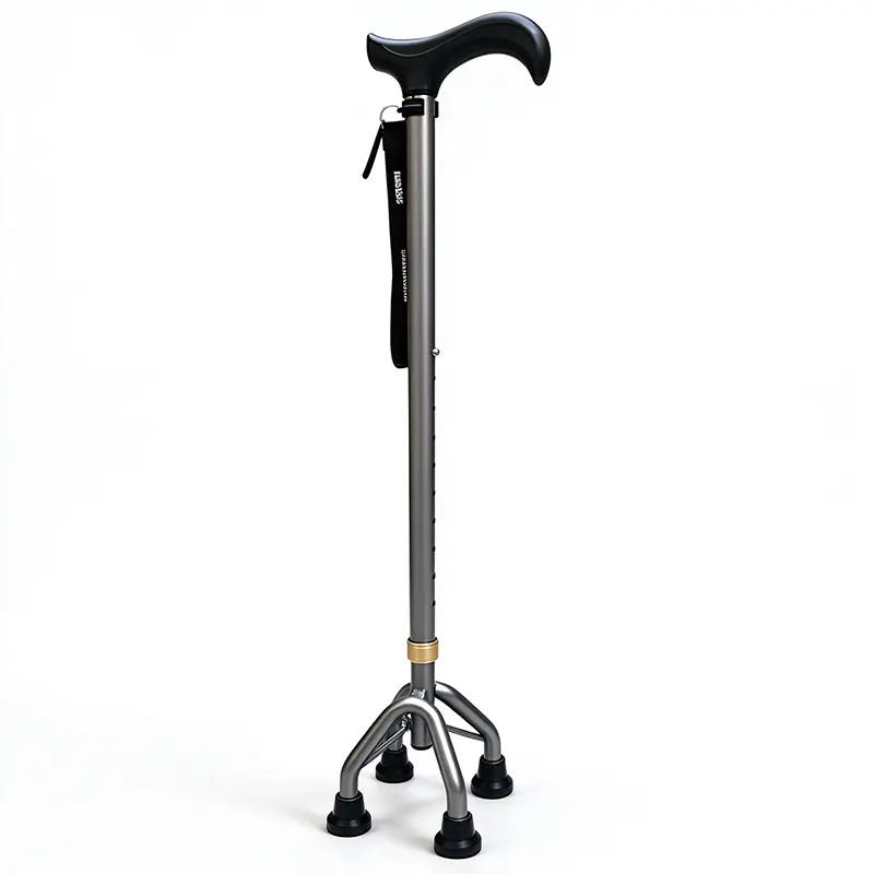 Adjustable Quad Cane for Elderly, Lightweight 4-Point Walking Stick with Ergonomic Handle, Heavy Duty Anti-Slip Base, Stylish Grey Walking Cane, Stable Support Prevents Falls for Seniors, Patients & Pregnant Women