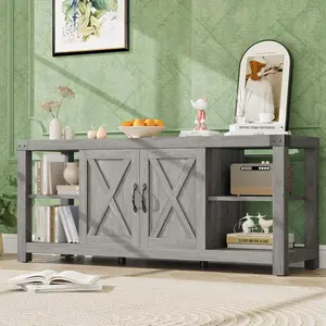 TV Stand for 65 Inch TV Farmhouse Entertainment Center with Storage 60 Inch TV Console Table with Shelves Doors Wooden TV Stand for Living Room Bedroom Grey