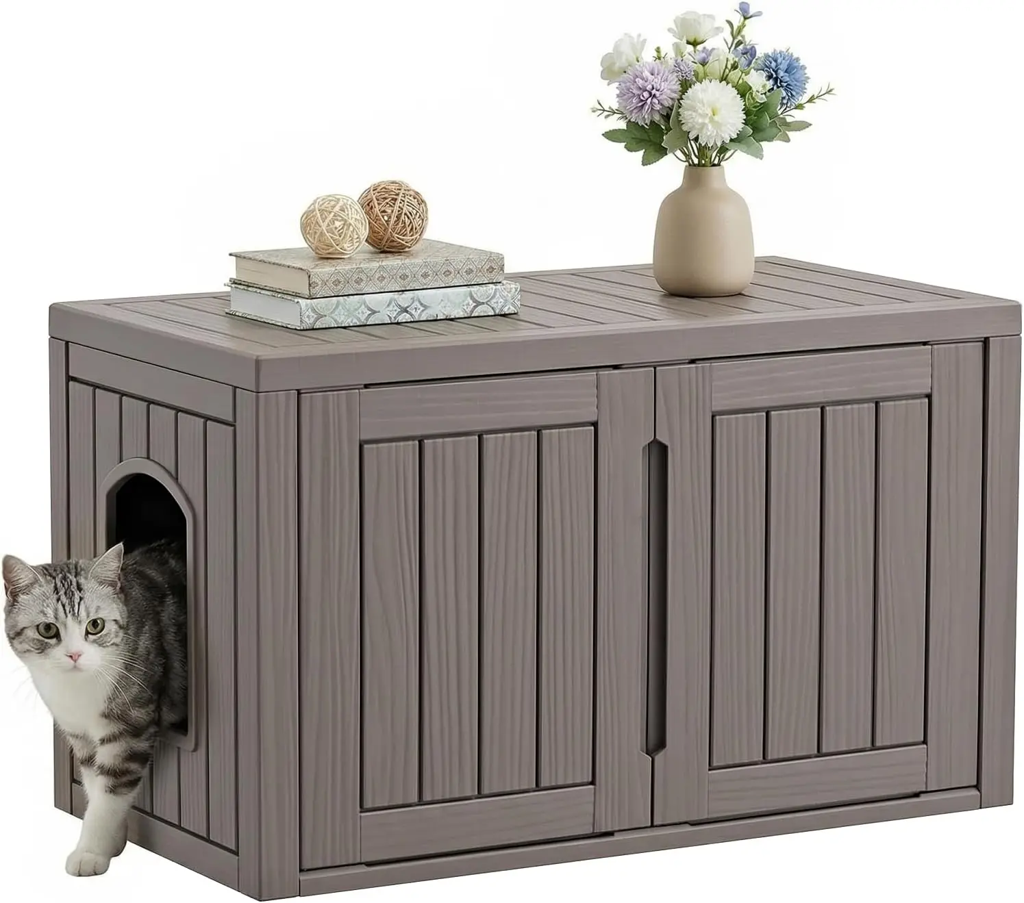 Cat Litter Box Furniture, PP Cat Litter Cabinet with Removable Divider, Multi-use Litter Box Enclosure with Side Entry, Odorless Waterproof for Indoor & Outdoor, Light Coffee