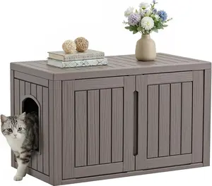 Cat Litter Box Furniture, PP Cat Litter Cabinet with Removable Divider, Multi-use Litter Box Enclosure with Side Entry, Odorless Waterproof for Indoor & Outdoor, Light Coffee