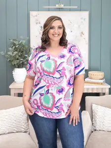 Short Sleeve V Neck Printed Top | S-3X