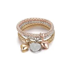 SILANER Crystal Charms Multilayer Bracelets - 3PCS Gold/Silver/Rose Gold Corn Chain Bracelet for Women, Tree of Life Heart Shaped Stretch Bracelet