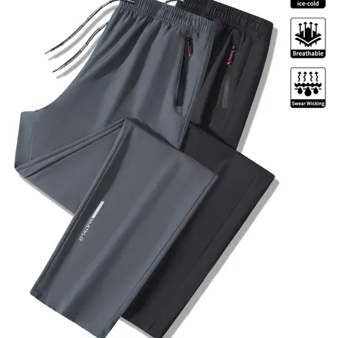 Men's Sporty Thin version Fitted Long Pants Set, Zipper Pockets & Elastic Waistband Design, Breathable Sweat-Wicking Fabric for Outdoor Sports & Fitness, Athletic Workout Clothing, Elastic Breathable Sportswear, Workout Exercise Clothing
