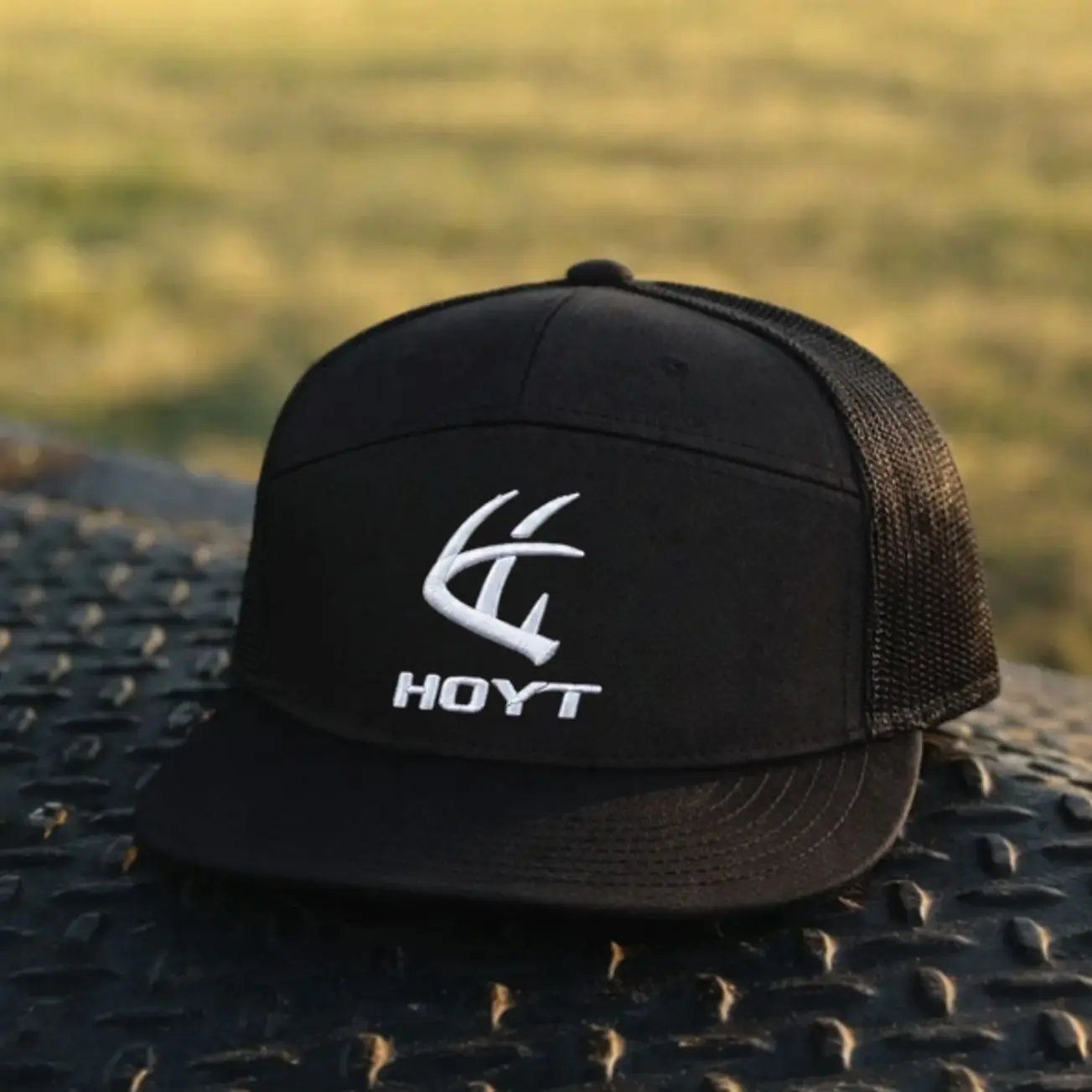 HOYT Antler Logo 7 Panel Black Trucker Hat, White Embroidered Hunting Cap, Deer Hunter Snapback Hat, Outdoor Bowhunting Hat, Mesh Back Hunting Cap