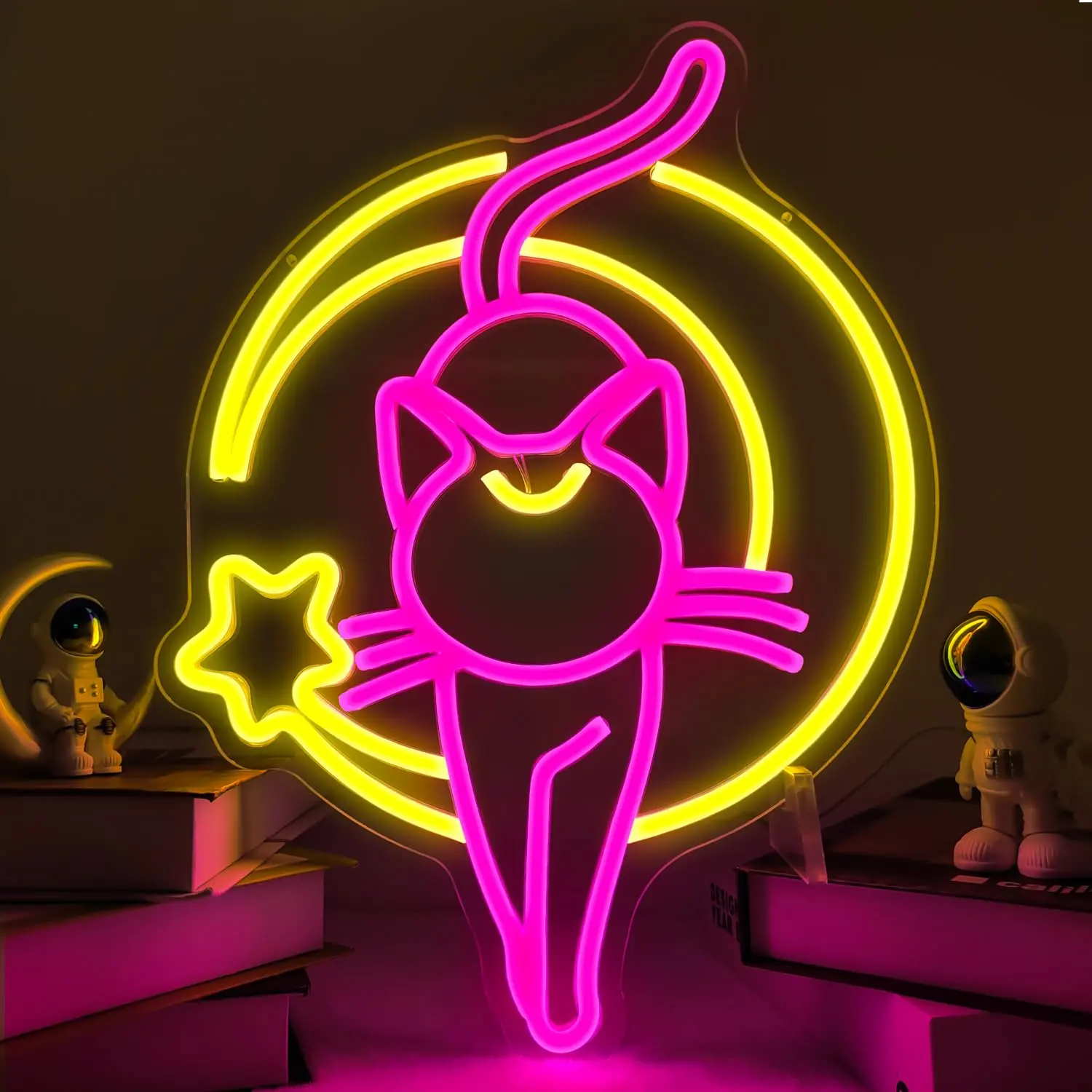 Moon Cat Design Neon Light, USB Powered LED Decorative Neon Light, Dimmable Neon Sign for Living Room Bedroom Decoration, Modern Mood Lighting, Mood Decorative Lights, Creative Gift for Girls, Cat Lovers, Home Decoration Lamp, Neon Lamps, LED Neon Signs