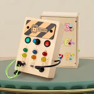 Wooden Busy Board, LED Busy Board with Light Switch, Sensory Toy, Stress Relief Travel Toy, Educational Learning Toy, Suitable for Kids Aged 3+