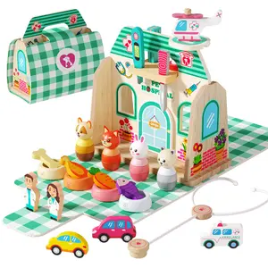 37Pcs Wooden Pet Doctor Kit for Toddlers 3-5, Pretend Play Veterinarian Playset with Handbag for Kids, Perfect for Imaginative Play at Home to Learn Empathy and Caring for Animals, Portable Carry Case for Easy Storage and Travel