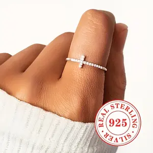 925 Sterling Silver Cross Ring With Cubic zirconia Elegant And Simple Style, Fashionable Ladies' Faith Jewelry Gifts For Women