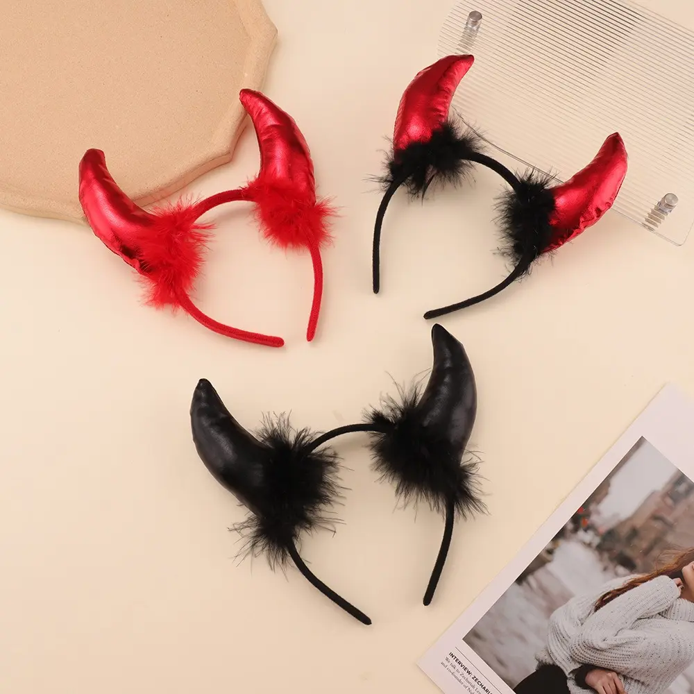 Retro Single Wool Puffy Devil Horns Headband, Glitter Feather Hair Accessory for Halloween Costumes, Unisex 1pc Fashion Accessory, One Size, Accessories