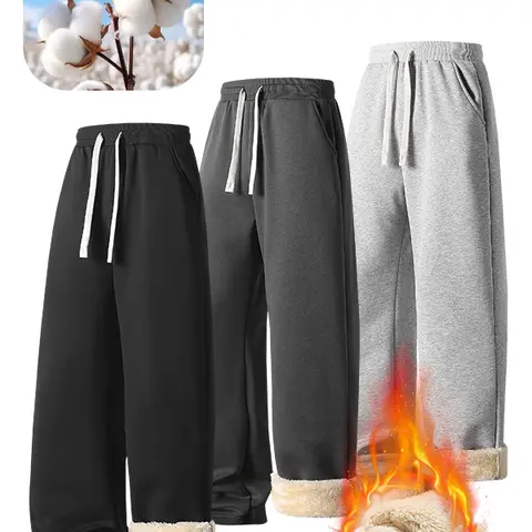 Men's Solid Thermal Lined Drawstring Waist Fleece-lined Thickened Pants Casual Comfy Regular Fit Straight Leg Trousers for Fall Winter Menswear Socks Beige Light Linen Gray Plain