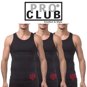 PRO CLUB Premium Ringspun Cotton Ribbed A-shirt Underwear Summer Top, 3 Pack Single color Streetwear Comfort Sleeveless Tshirt Basic Menswear Man