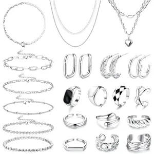 Sanfenly 24-Pcs Gold Plated Unisex Costume Jewelry Set - Chain Necklaces, Bracelets, Hoop Earrings, Rings Combo, Daily Wear Gold Earrings Set, Ideal Valentine or Birthday Gift