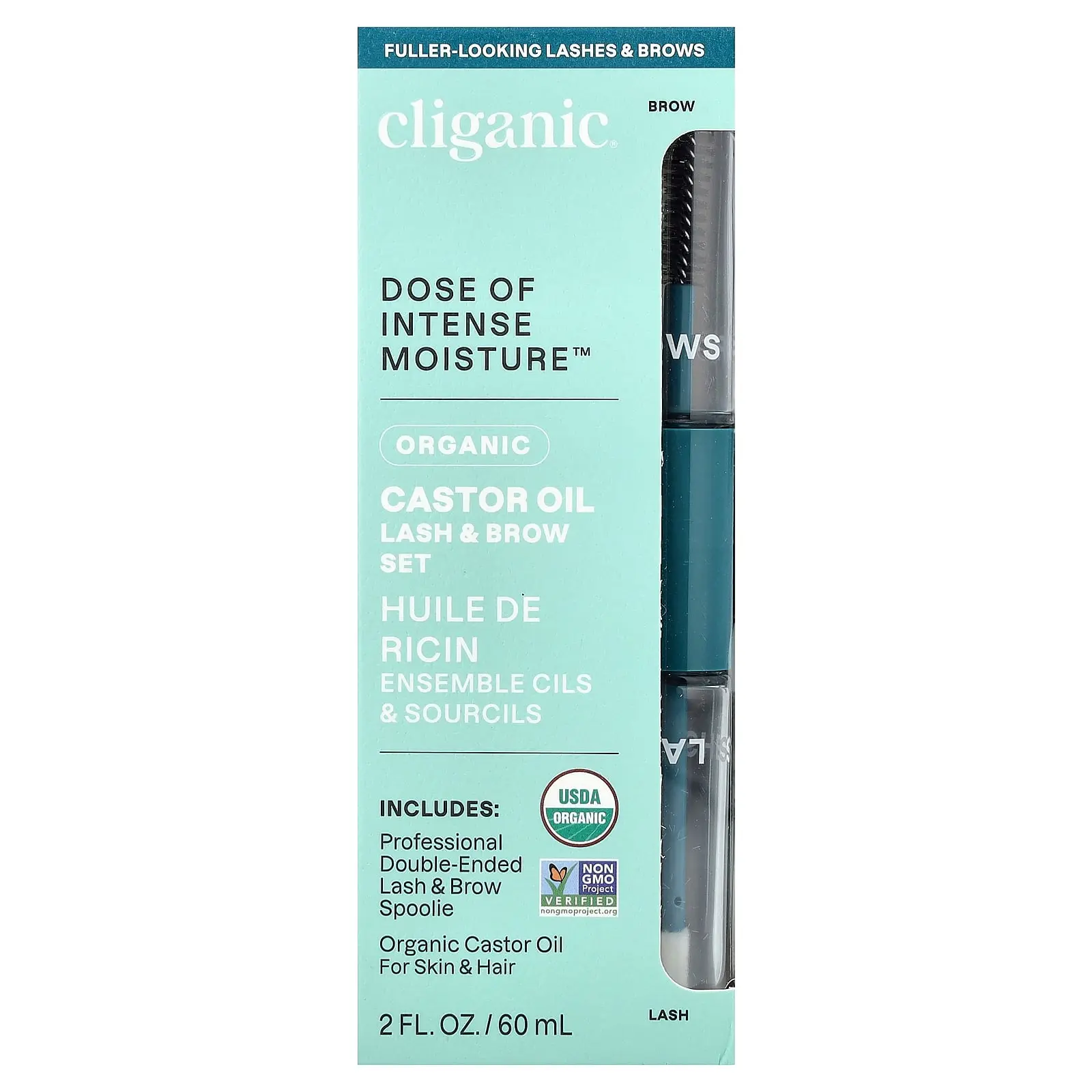 Cliganic Dose of Intense Moisture™, Organic Castor Oil, Lash & Brow Set, 2 fl oz (60 ml)