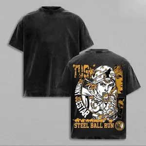 valentine shirts Johnny Joestar Steel Ball Run JoJo’s Bizarre Adventure Vintage Washed T-Shirt, Retro Western Manga Graphic Oversized Anime Streetwear Heavy Cotton Top