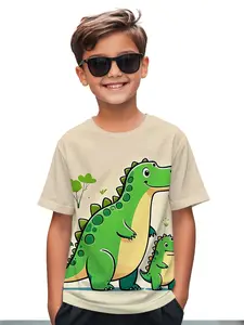 Kids Dinosaur Print Short Sleeve T-Shirt, Graphic Print Shirt, Comfortable Casual Versatile Outerwear, Daily Wear, 100% Polyester, Summer Kids Clothing