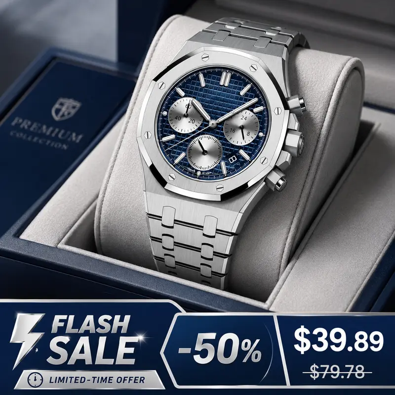 Men’s Luxury Analog Chronograph Quartz Wristwatch - Octagonal Case, Grid Texture Dial, Polished Stainless Steel Bracelet Buckle, Modern Trendy Chic Fashion Watch - Business & Casual Wear, Commuting, Modern Trendy Watch, Analog Wristwatches