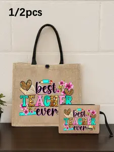 Teacher Alphabet Printed Linen Handbag, Printed With Fountain Pens, Notebooks, Big Bag With Small Bag, Khaki Color Block Shopping Bag, Casual Shopping Tote, Teacher's Thank You Gift, Women's Linen Large Capacity Handbag, Teacher Tote Bags
