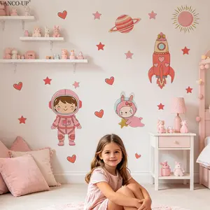 1Pc (30*90cm) Pink Space Themed Self-Adhesive Wall Sticker, Wall Decor for Kids Bedroom