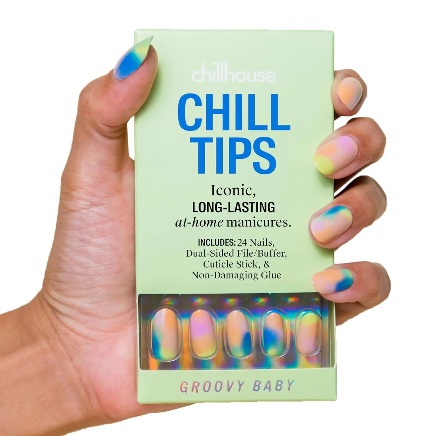 Chillhouse - Chill Tips, Press on Nails Kit - Groovy Baby (Oval) - 24 Nail Shapes & Sizes - Up to 3 Weeks of Wear - Customizable Fit - Reusable - Latina Founded & Women Owned - Beauty & Self Care