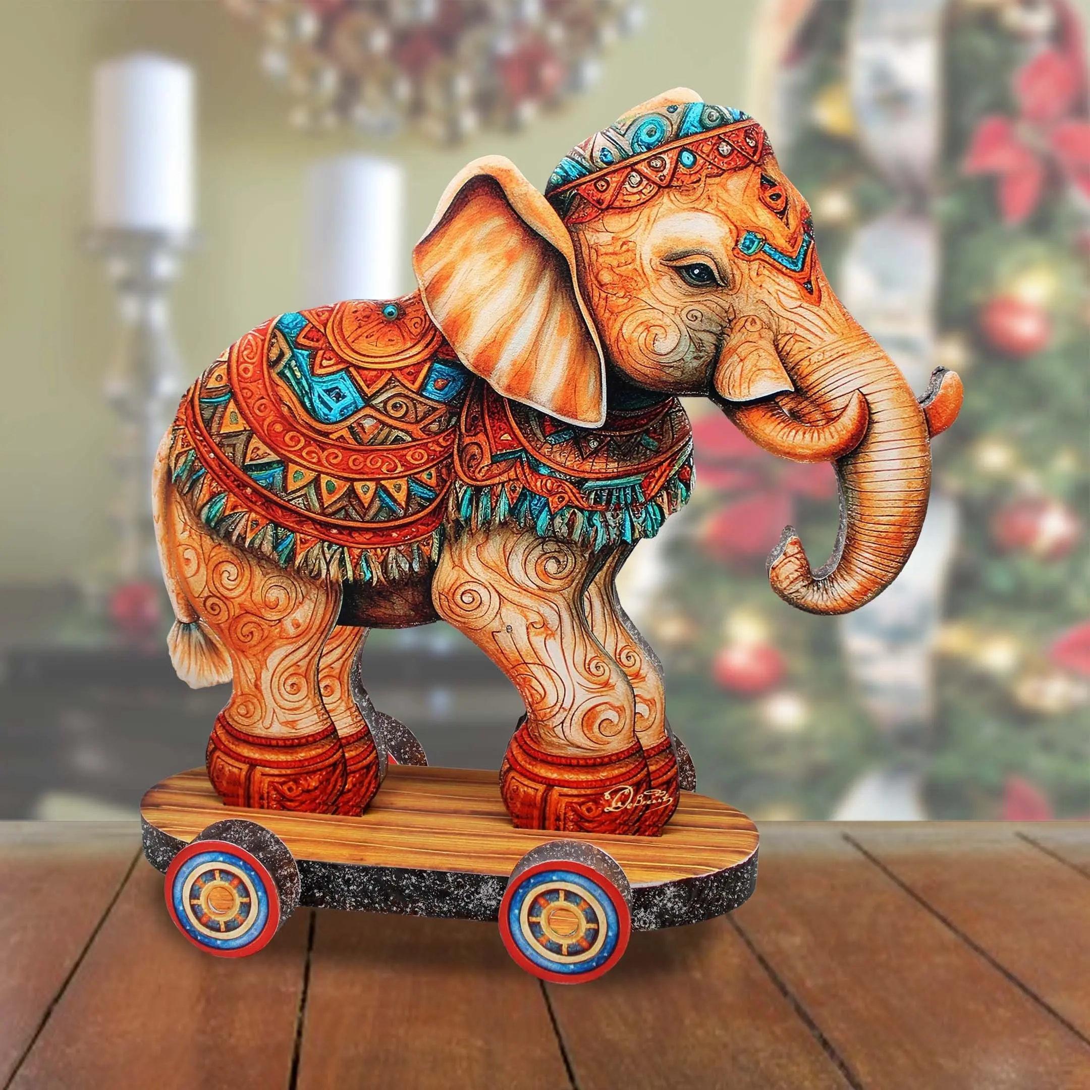 Enchanting Elephant on Wheels Limited Edition Wooden Figurine by G. Debrekht - Christmas Centerpiece Decor - 89309