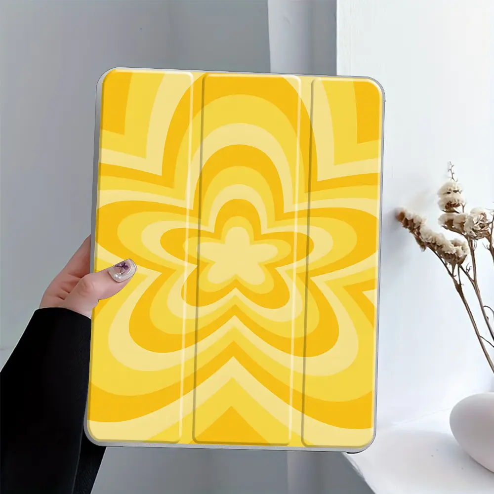 Y2K YellowSwirl Flower Design iPad Tablet Case,Tri-Fold Stand Case for iPad,Transparent Acrylic Hard Back,Pencil and Charger Slots, Ultra-Thin Scratch-Resistant Design for iPad Mini, Pro, Air, Ideal for Work and School, iPad Tablet Cover