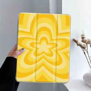 Y2K YellowSwirl Flower Design iPad Case,Tri-Fold Stand Case for iPad,Transparent Acrylic Hard Back,Pencil and Charger Slots, Ultra-Thin Scratch-Resistant Design for iPad Mini, Pro, Air, Ideal for Work and School