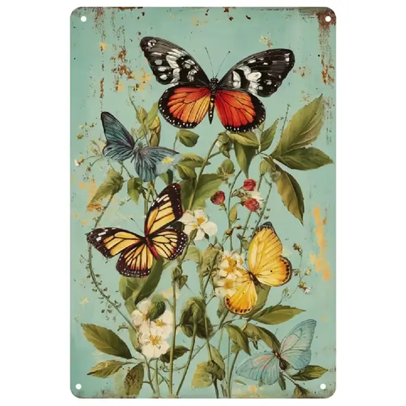 Multicolor Vintage Monarch Butterfly Metal Tin Sign - 8x12in Decorative, Durable Waterproof Distressed Look Plaque, Blue Yellow White Blossom Flowers, Mint Teal Rust Accents, Colorful Distressed Home Signs for Bedroom Cottage Core Room Decor
