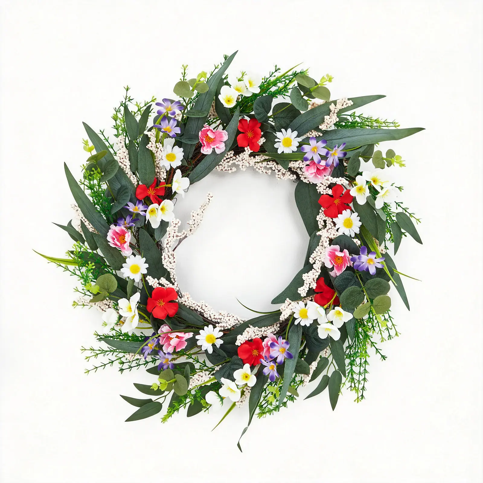 20-Inch Artificial Spring Floral Wreath with White Daisies, Red Pink Purple Flowers, Eucalyptus Leaves, Fade-Resistant for Mother’s Day Gift, Front Door Decor, Farmhouse Home Decoration