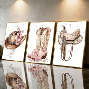 3Pcs Aluminum Alloy Framed Painting, Western Cowboy Hat Boots Saddle Floral Art Picture, Home Decoration For Living Room, Bedroom, OfficeWall Decor, Odorless Print Artwork, Luxury Perfect Gift For Friends And Family
