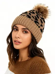 1pc Cozy Faux Fur Pom-Pom Beanie for Men & Women - Soft Stretchy Knit Winter Hat with Leopard Print, Warm Outdoor Accessory for Cold Weather, Hand Washable, Festive Holiday Design, Winter Accessories, Festive Headwear, Plush Texture Knitted Hat