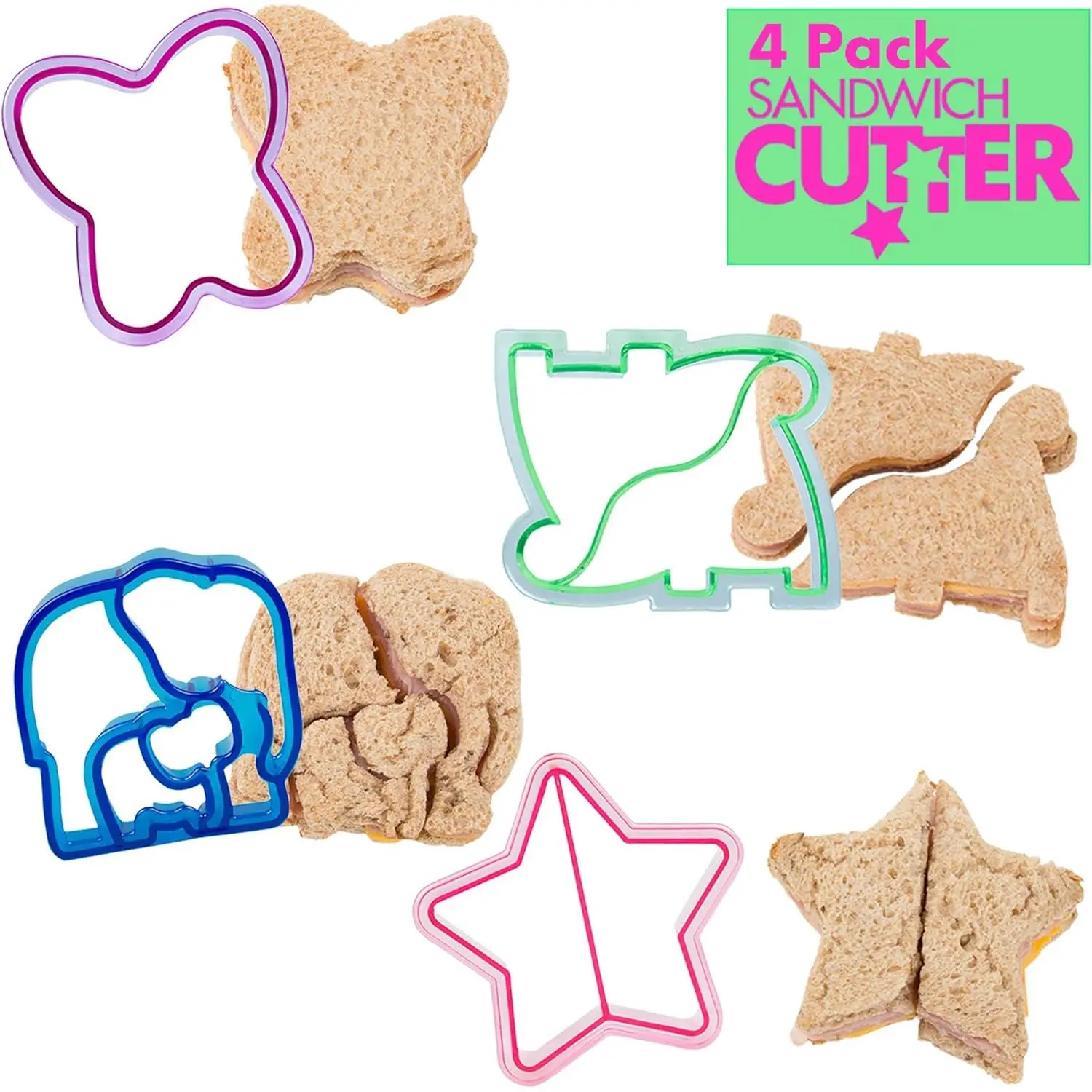 Bentology Sandwich Cutters for Kids, 4 pk - Cute Bread Crust & Cookie Cutters with Butterfly, Star, Dinosaur & Elephant - Great for Lunches & Baking