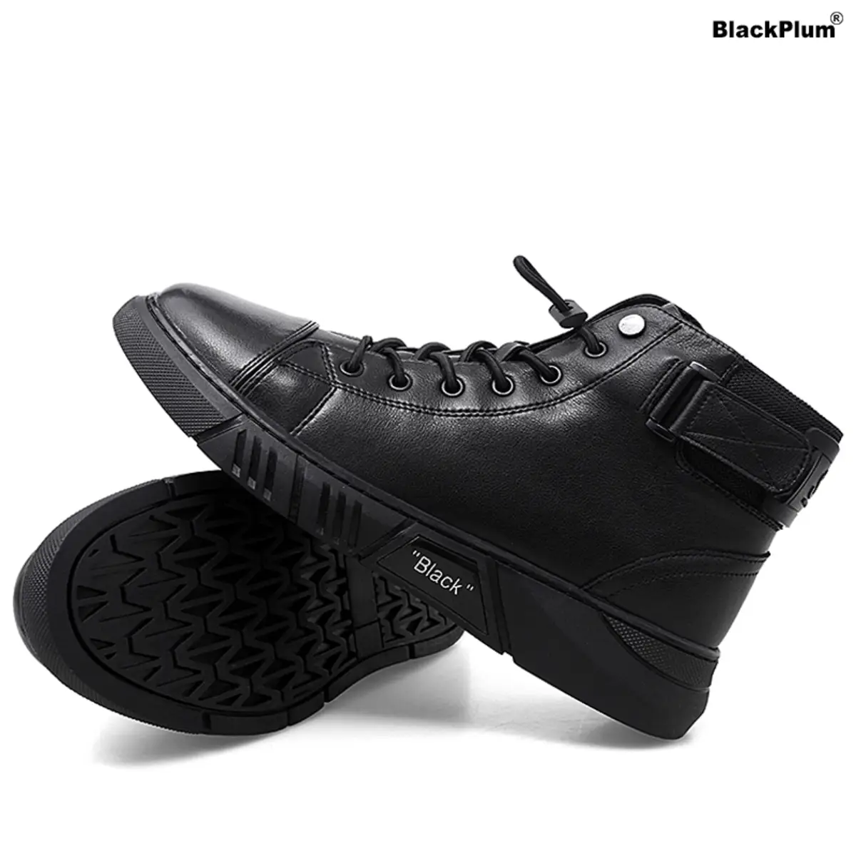 BlackPlum Men's Trendy High-Top Leather Boots Full-Grain Black Adjustable Side Zipper Streetwear Fashion All-Day Comfort Walking Shoes - Boy - Footwea