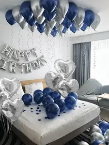 61PCS Silver & Blue Happy Birthday Balloon Decorations – 16 Foil Letter Balloons, Silver Heart Foil & Navy Blue Latex Balloons for Birthday Party Backdrop Decor