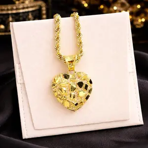 14K Gold Plated Nugget Pendant and Necklace - Textured Heart Minimalist Rope Chain 18" 4mm Pendant 19.2mm Necklace for Men/Women Unisex