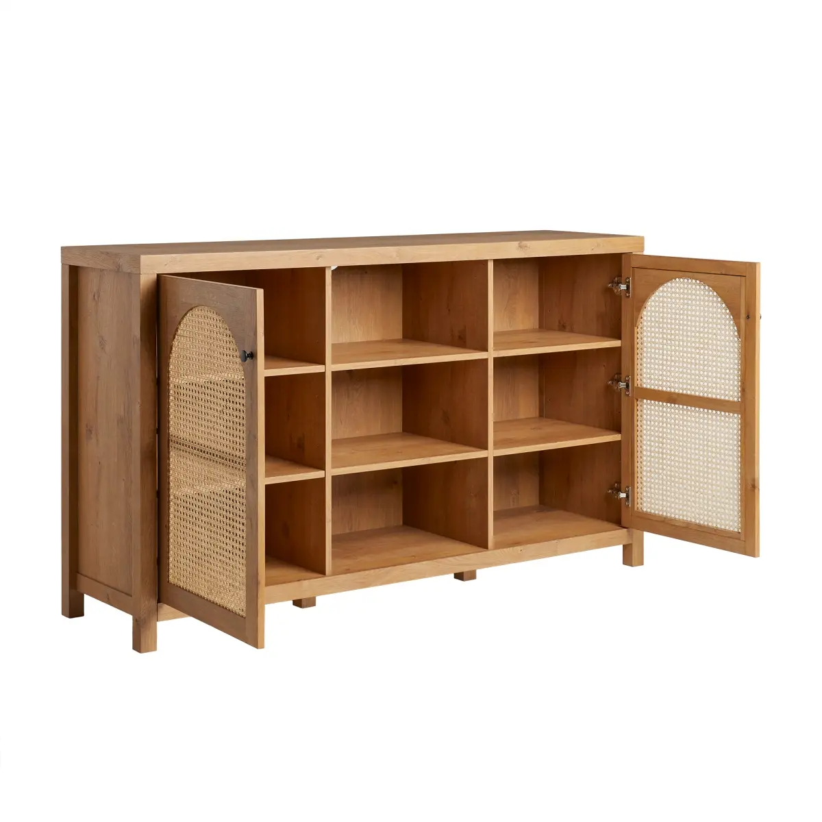 Walker Edison Kitchen Buffet Sideboard - Modern Home Furniture 4-Door Cupboard with Arched Rattan Panels, 34x15.75x58 in., English Oak