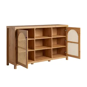 Walker Edison SAHD5DEO 34 x 15.75 x 58 in. 4 Door Sideboard with Arched Rattan Panels, English Oak