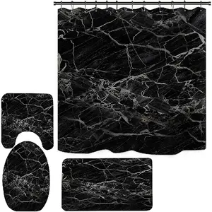 4Pcs Black Marble Bathroom Shower Curtain Set with Rugs Accessories,Modern Luxury Bathroom Decor with Non-Slip Bath Mats, Toilet Seat Cover,Abstract Marble Shower Curtains + Hooks
