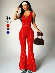 Women's Seamless Fashion Hollow Out Zipper Backless Sporty Micro Flare Jumpsuit, High Elastic Waist Workout Long Pants, Fitness Activewear