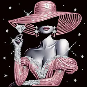 Diamond Arts Colorful Painting Kit, 1 Set Pink Hat Woman Pattern DIY Diamond Arts Colorful Painting without Frame, Handmade Art Crafts for Home Decor