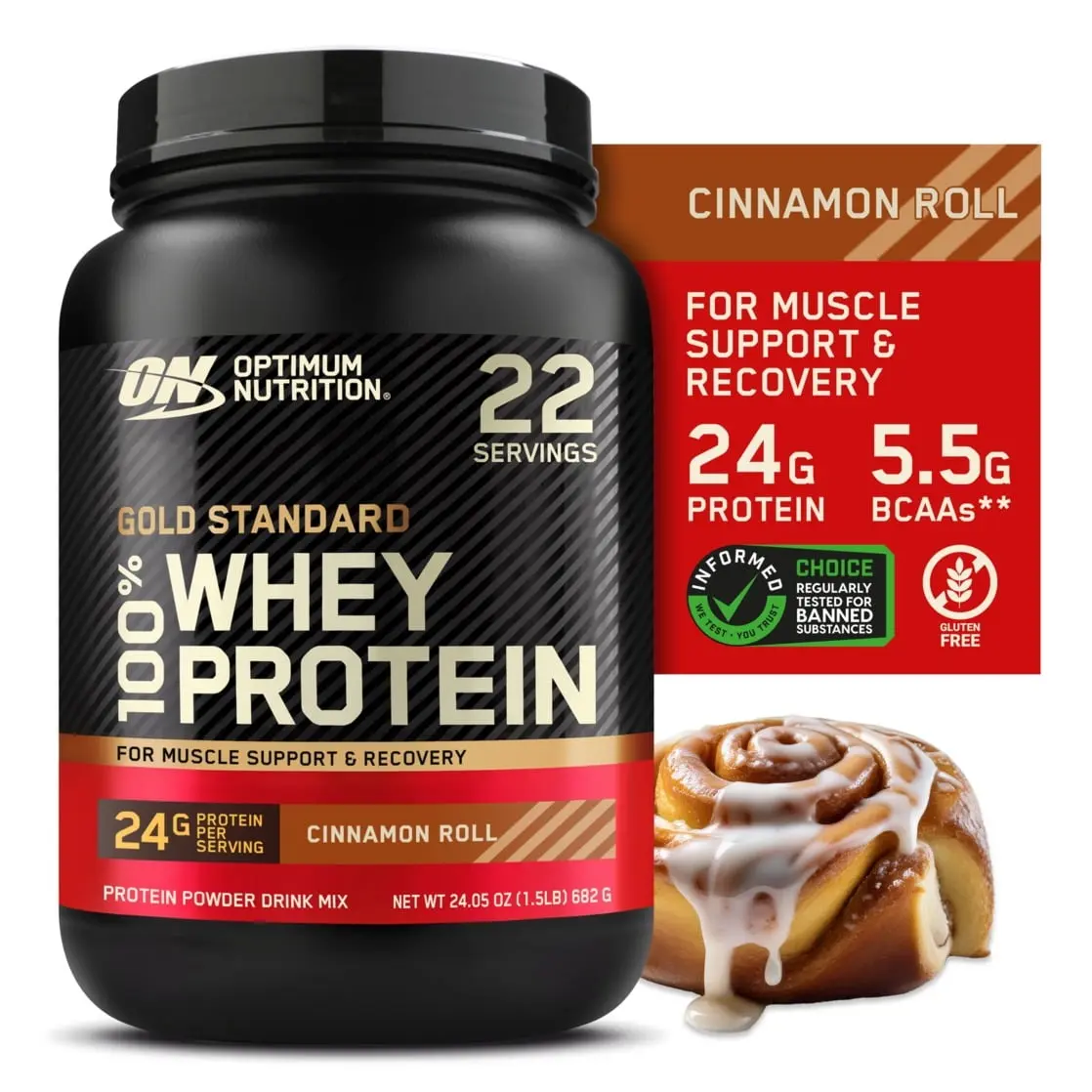 (Select for More Options) Optimum Nutrition Gold Standard 100% Whey Protein Powder, Cinnamon Roll, 1.5 lb Tub, 22 Servings Supplement Fitness Healthcare